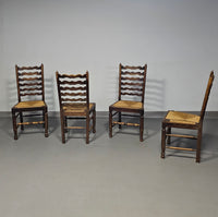 Set of 4 oak, rustic, farmhouse, ladderback dining chairs with rush seats 1960s