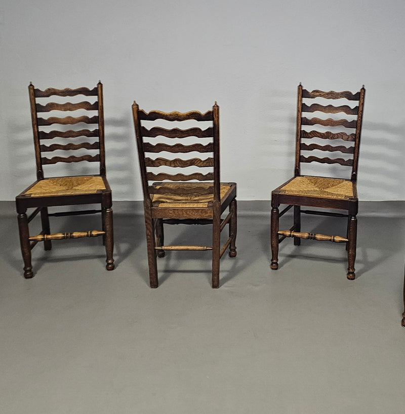 Set of 4 oak, rustic, farmhouse, ladderback dining chairs with rush seats 1960s