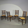 Set of 4 oak, rustic, farmhouse, ladderback dining chairs with rush seats 1960s