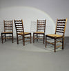 Set of 4 oak, rustic, farmhouse, ladderback dining chairs with rush seats 1960s