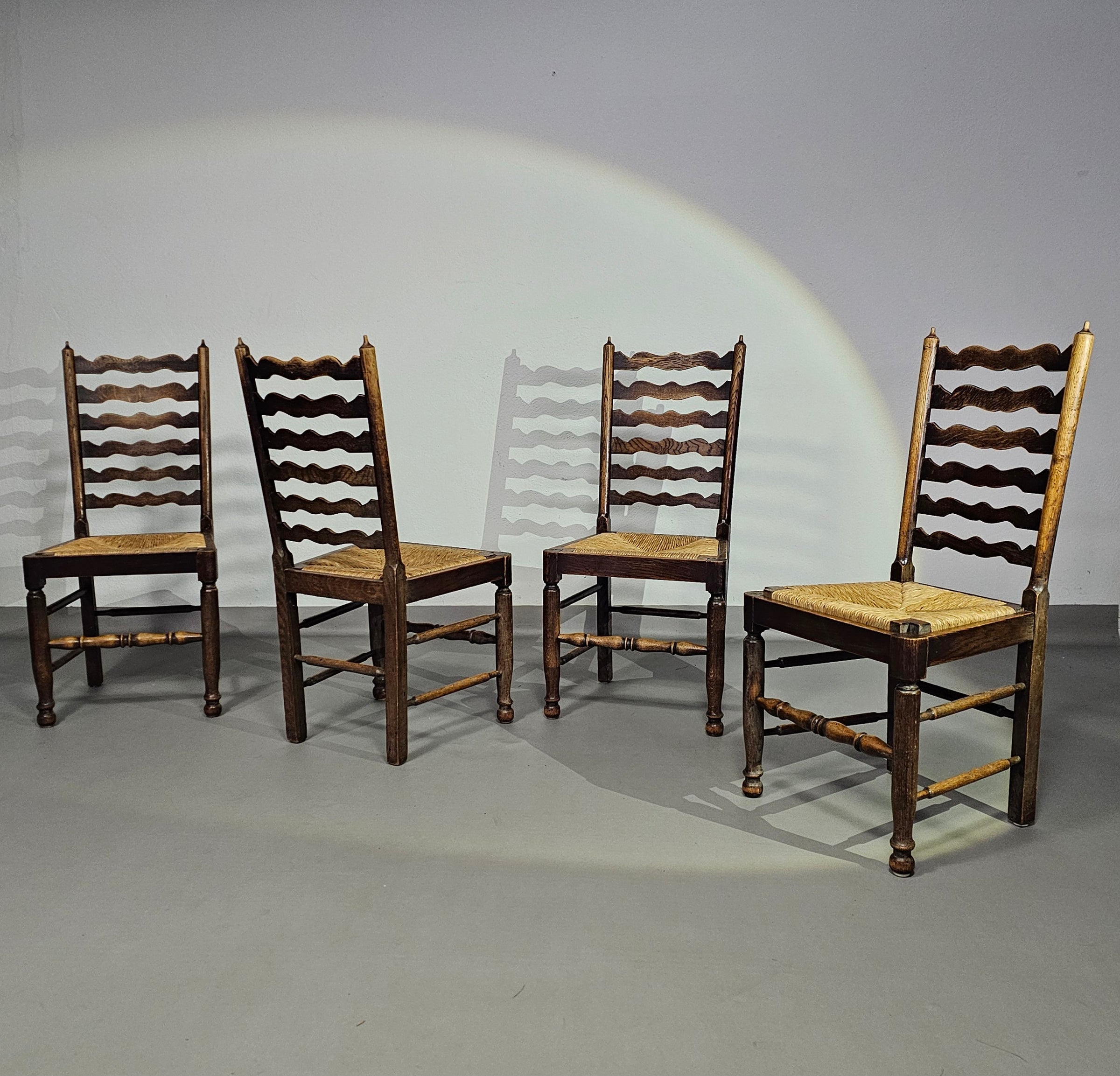 Set of 4 oak, rustic, farmhouse, ladderback dining chairs with rush seats 1960s