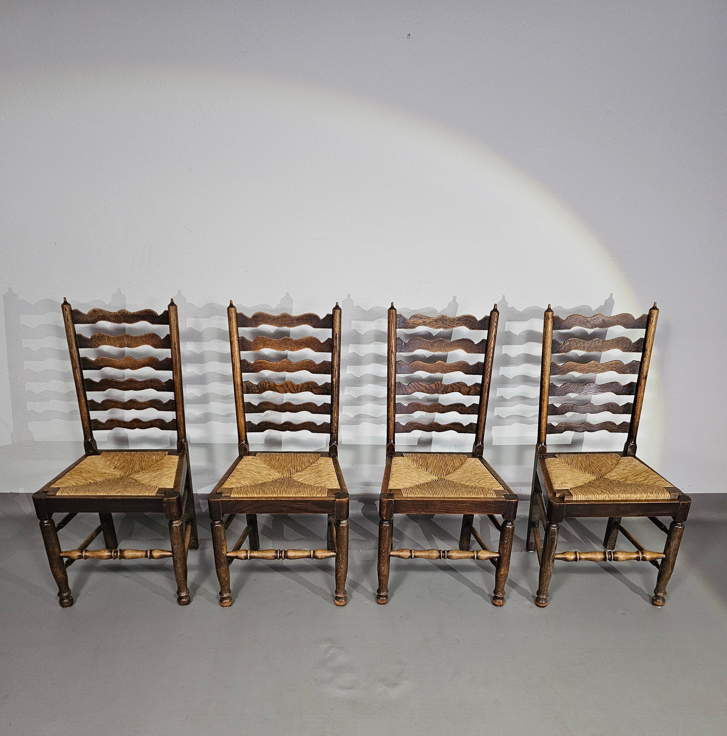 Set of 4 oak, rustic, farmhouse, ladderback dining chairs with rush seats 1960s