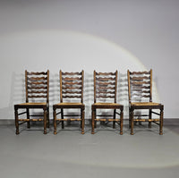 Set of 4 oak, rustic, farmhouse, ladderback dining chairs with rush seats 1960s