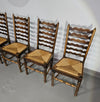 Set of 4 oak, rustic, farmhouse, ladderback dining chairs with rush seats 1960s