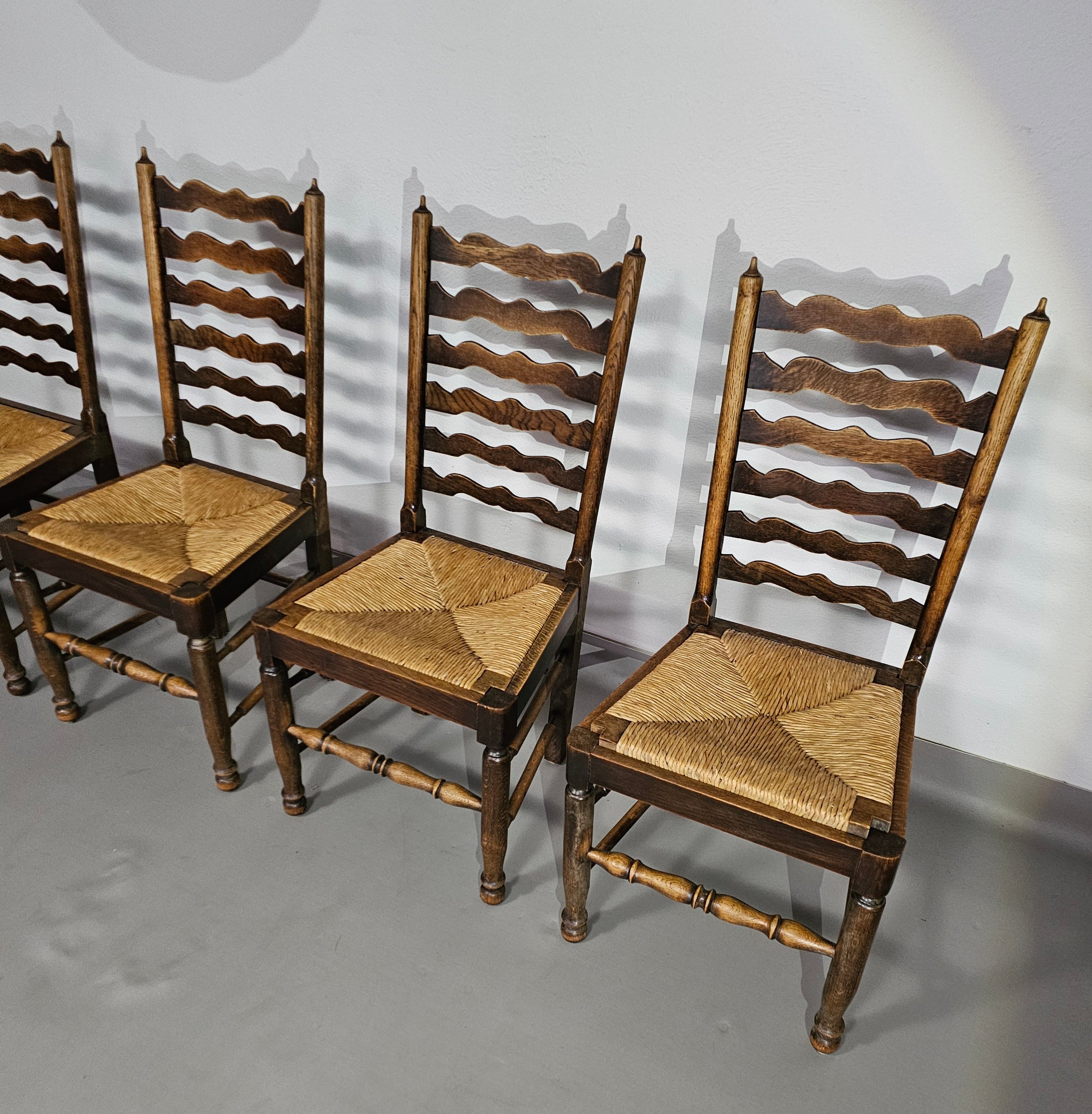 Set of 4 oak, rustic, farmhouse, ladderback dining chairs with rush seats 1960s