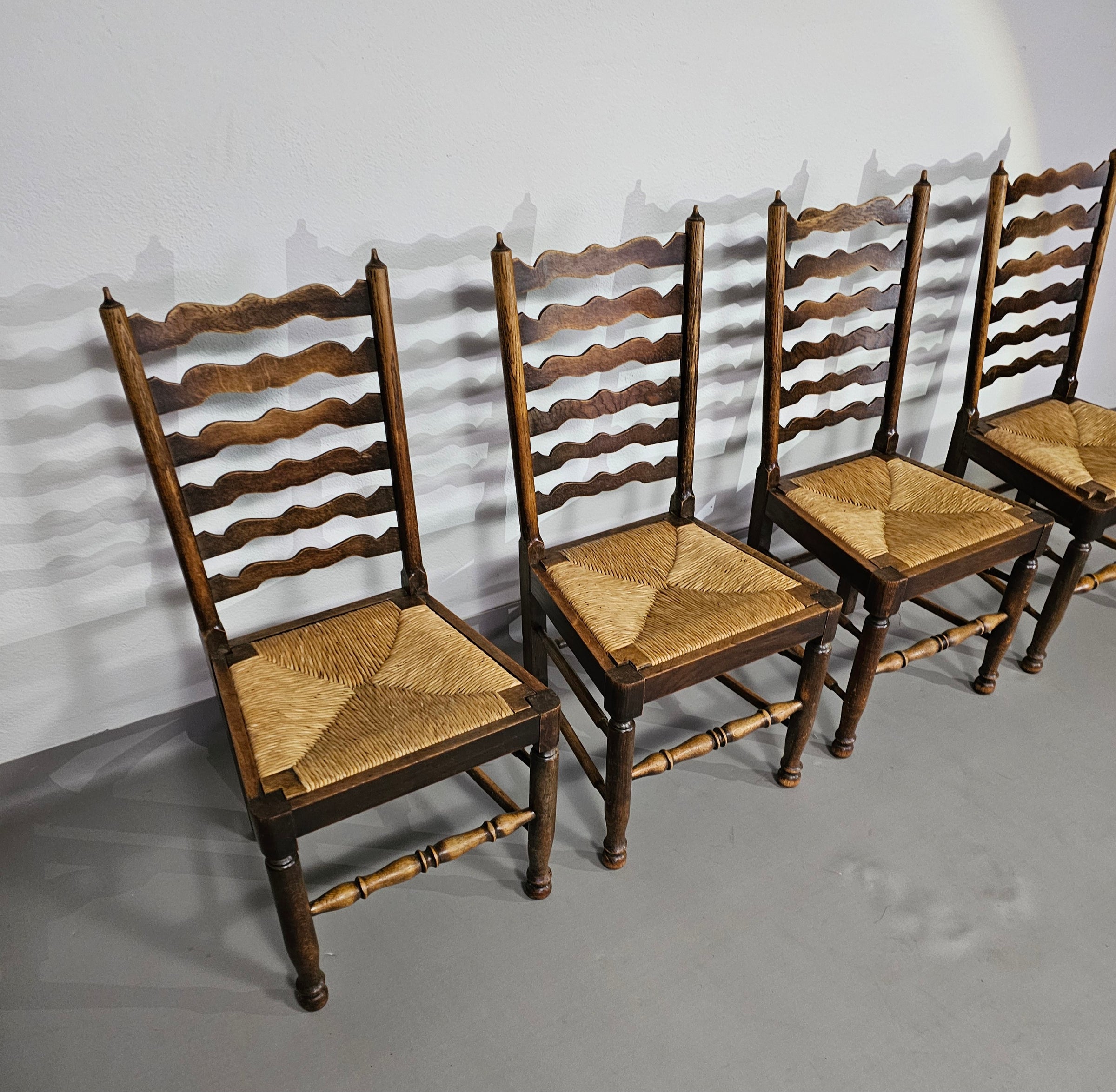 Set of 4 oak, rustic, farmhouse, ladderback dining chairs with rush seats 1960s