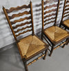 Set of 4 oak, rustic, farmhouse, ladderback dining chairs with rush seats 1960s