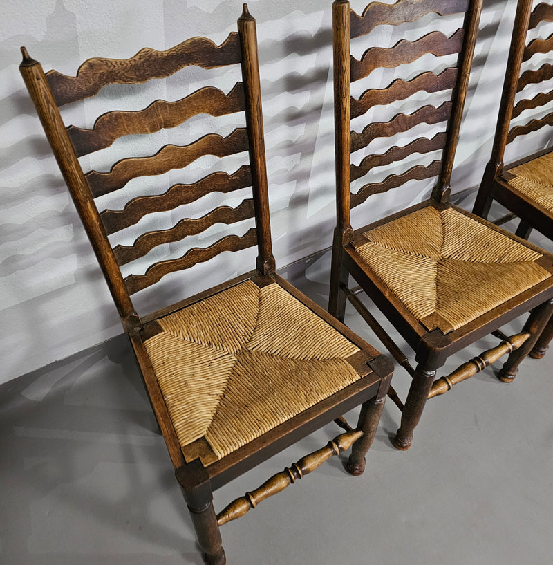 Set of 4 oak, rustic, farmhouse, ladderback dining chairs with rush seats 1960s