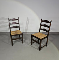 Set of 2 oak , rustic, farmhouse, ladderback dining chairs with rush seats