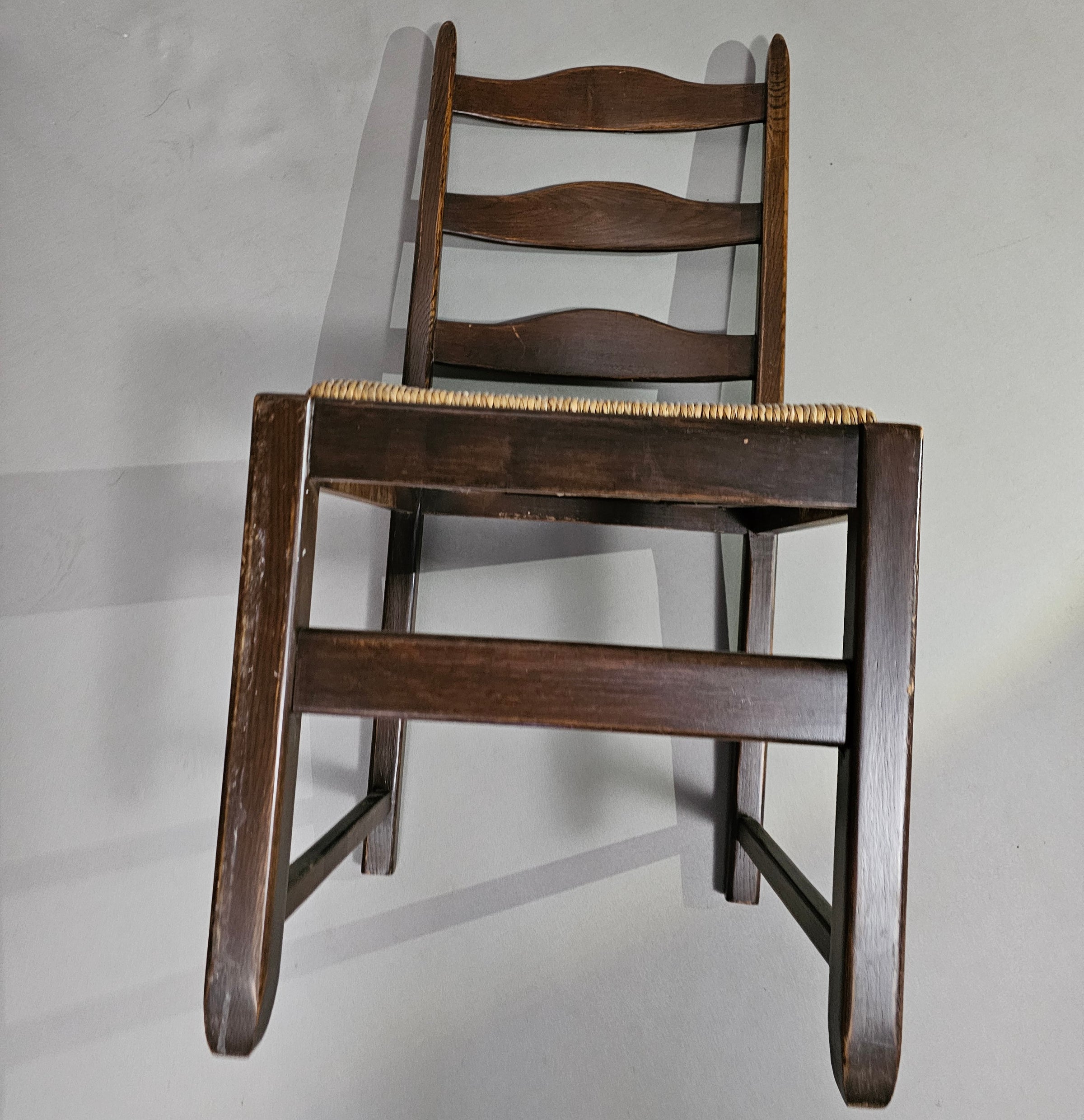 Set of 2 oak , rustic, farmhouse, ladderback dining chairs with rush seats