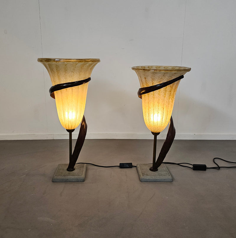 Large Jugendstil Floor / Table Lamps / Roberto Galli / Stone Base With Italian Glass Shade