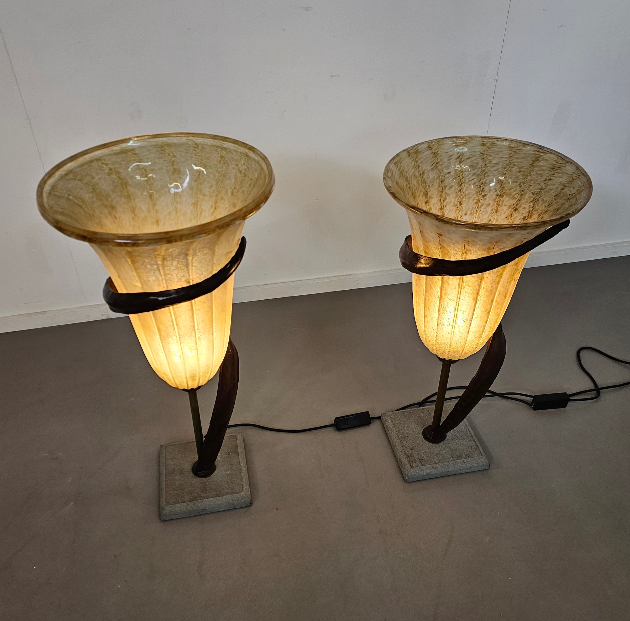 Large Jugendstil Floor / Table Lamps / Roberto Galli / Stone Base With Italian Glass Shade