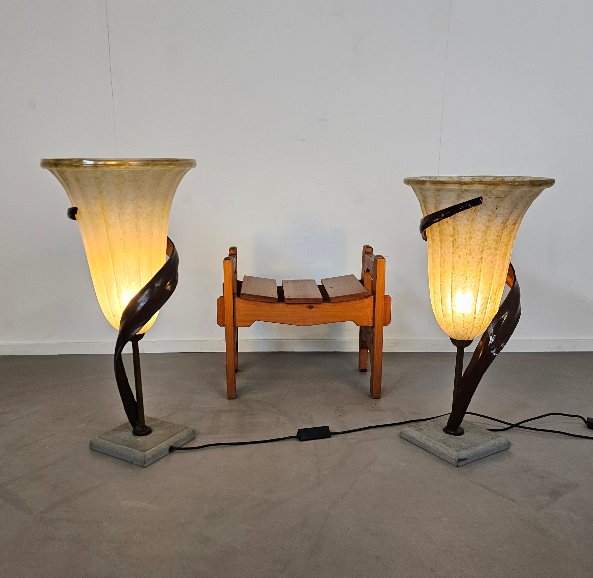 Large Jugendstil Floor / Table Lamps / Roberto Galli / Stone Base With Italian Glass Shade