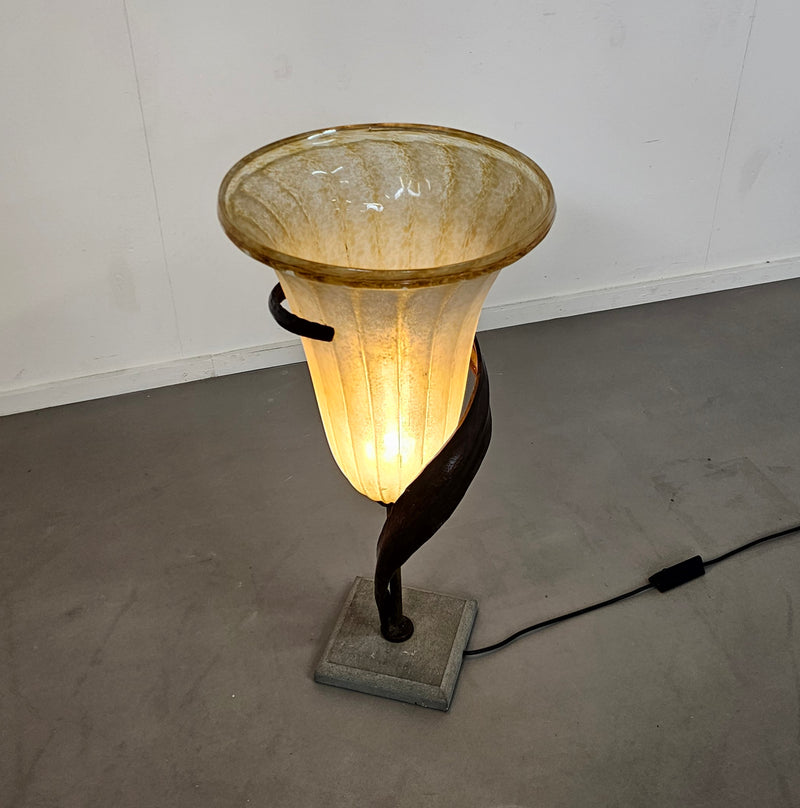 Large Jugendstil Floor / Table Lamps / Roberto Galli / Stone Base With Italian Glass Shade