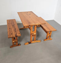 Scandinavian modern solid pinewood benches and dining table, 1970's