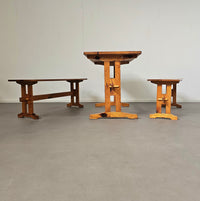 Scandinavian modern solid pinewood benches and dining table, 1970's