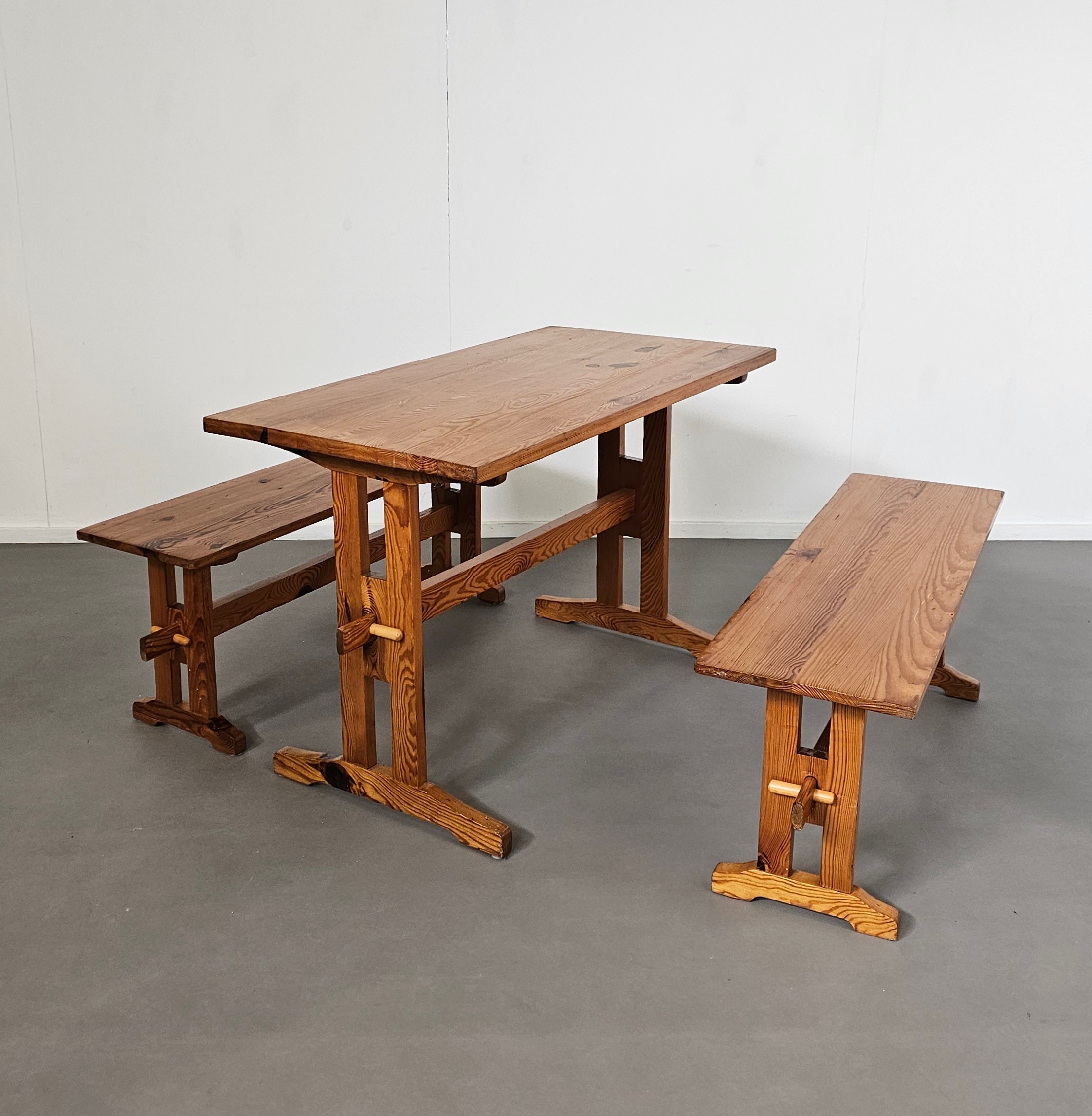 Scandinavian modern solid pinewood benches and dining table, 1970's