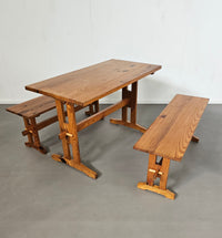 Scandinavian modern solid pinewood benches and dining table, 1970's