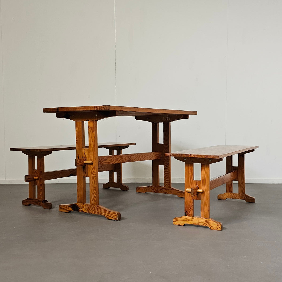 Scandinavian modern solid pinewood benches and dining table, 1970's