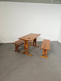 Scandinavian modern solid pinewood benches and dining table, 1970's