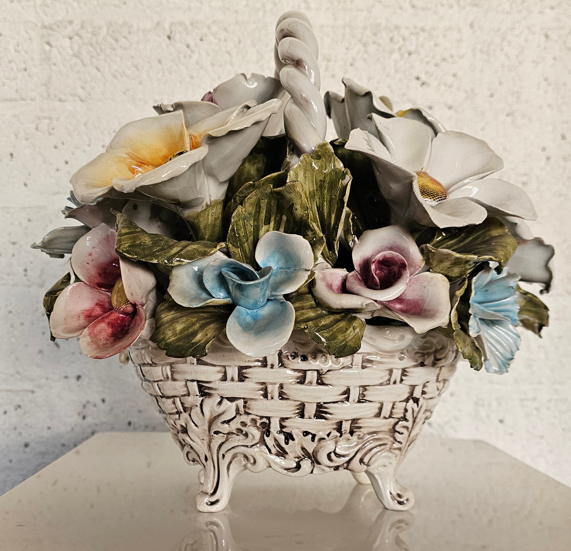 Bassano ceramics Basket with flowers, Italy 1950s