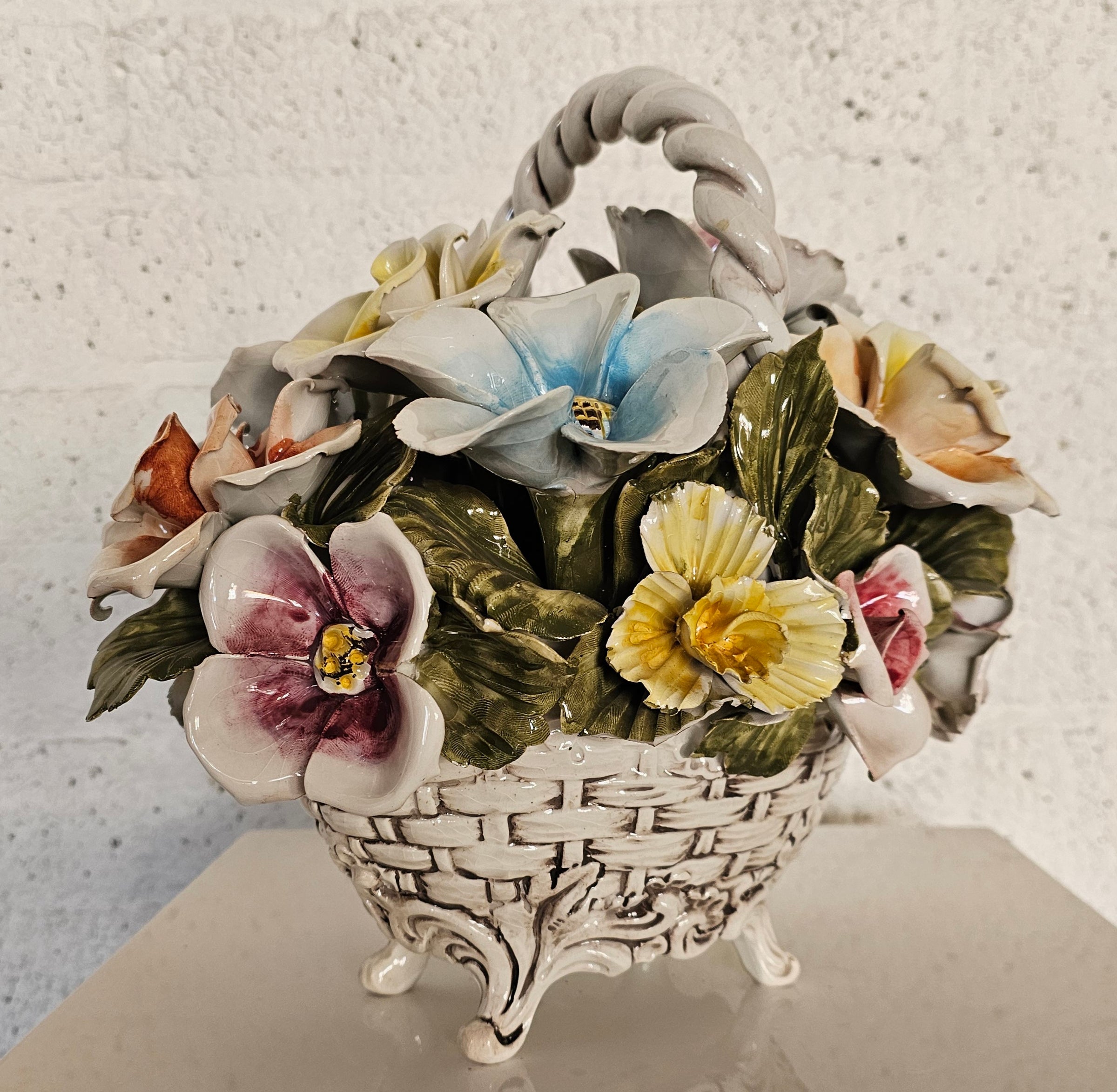 Bassano ceramics Basket with flowers, Italy 1950s