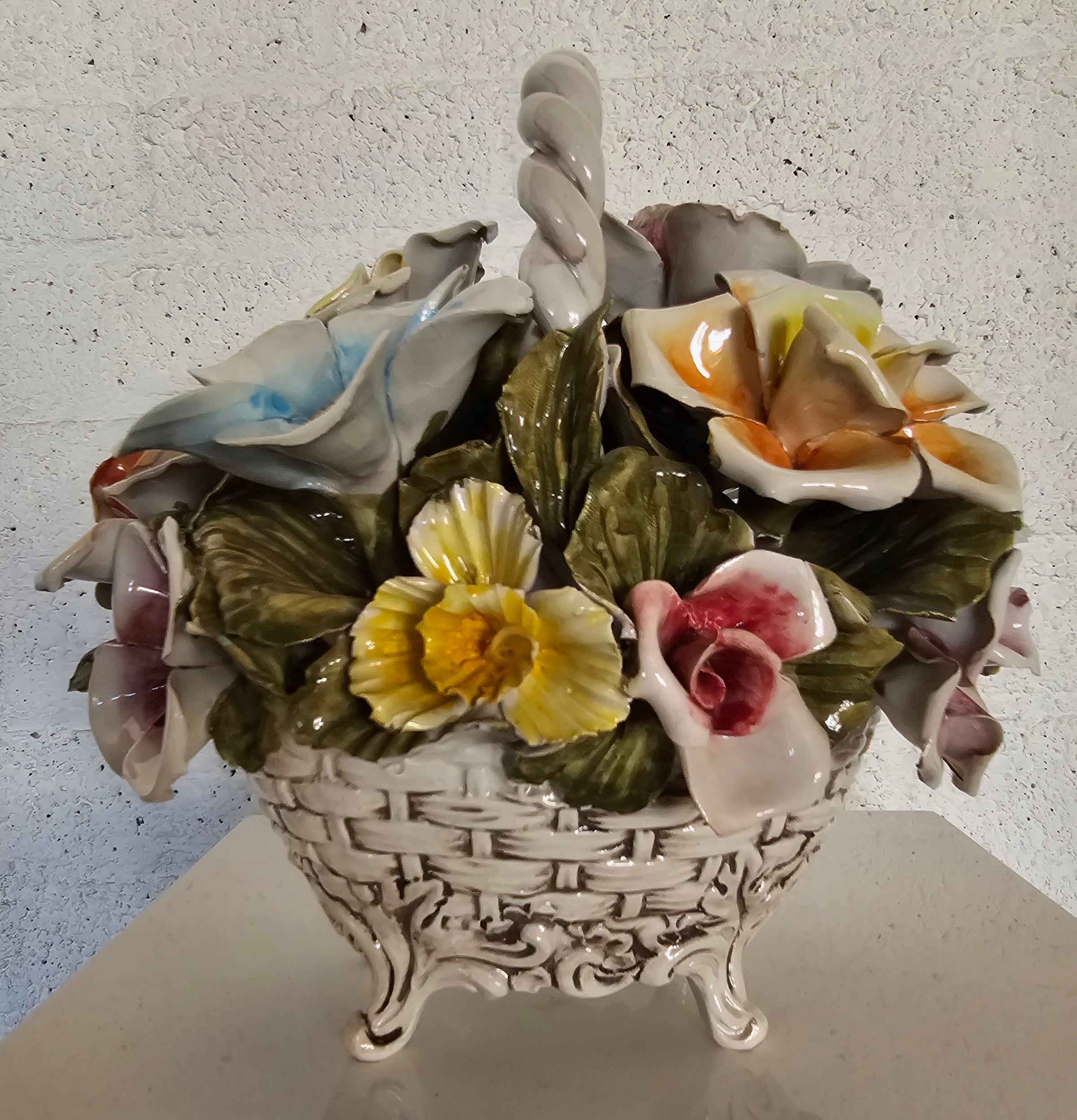 Bassano ceramics Basket with flowers, Italy 1950s