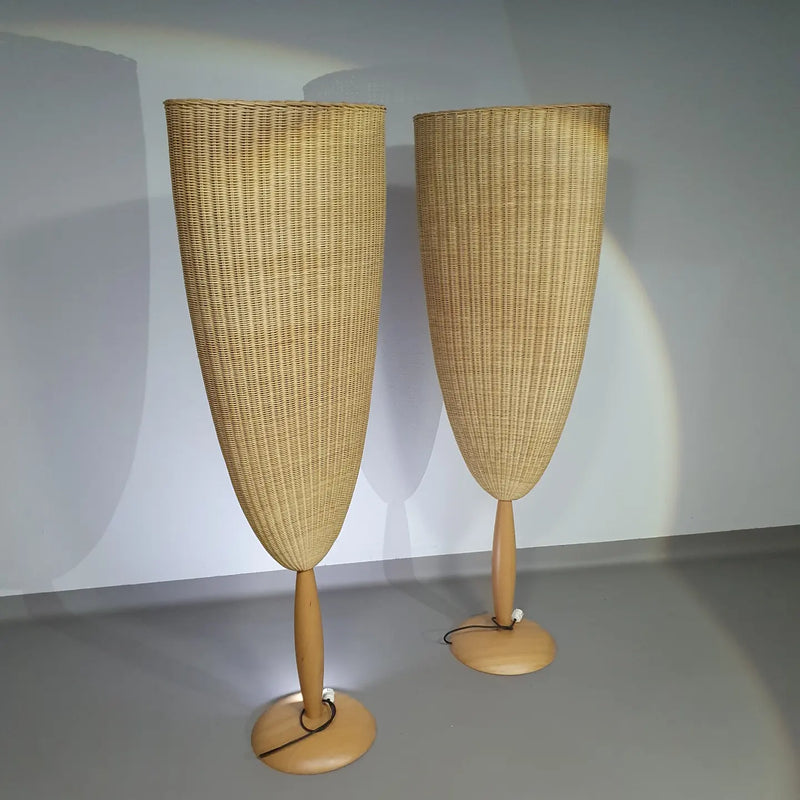 2 x Marco Agnoli for Pierantonio Bonacina XL / Flûte Floor Lamp in Cane and Wood