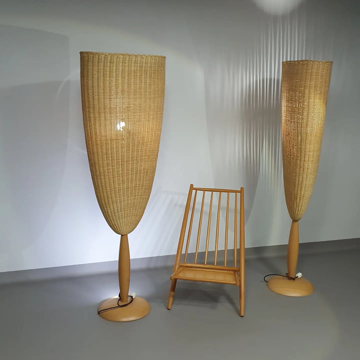 2 x Marco Agnoli for Pierantonio Bonacina XL / Flûte Floor Lamp in Cane and Wood