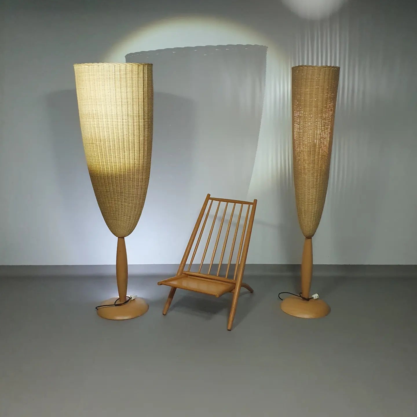 2 x Marco Agnoli for Pierantonio Bonacina XL / Flûte Floor Lamp in Cane and Wood