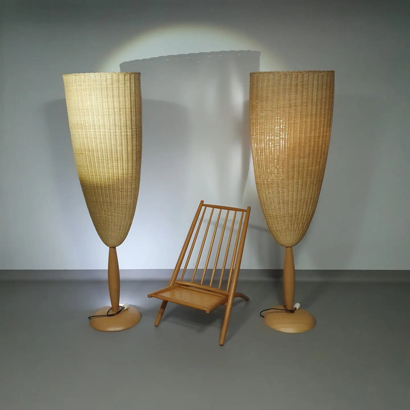 2 x Marco Agnoli for Pierantonio Bonacina XL / Flûte Floor Lamp in Cane and Wood