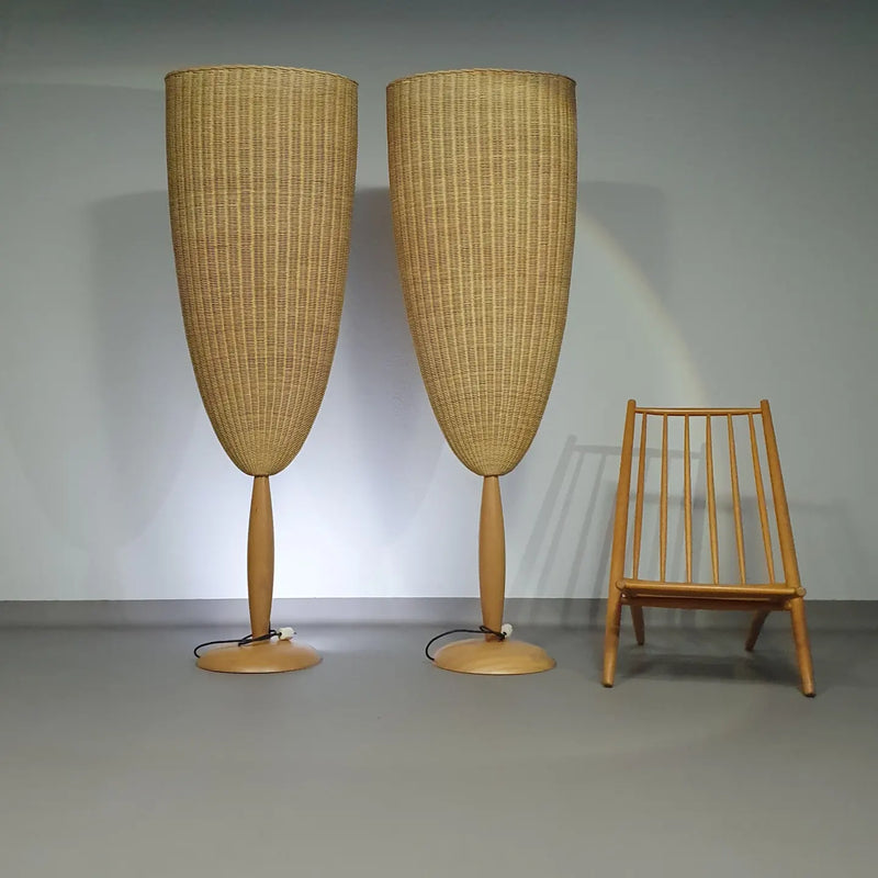 2 x Marco Agnoli for Pierantonio Bonacina XL / Flûte Floor Lamp in Cane and Wood