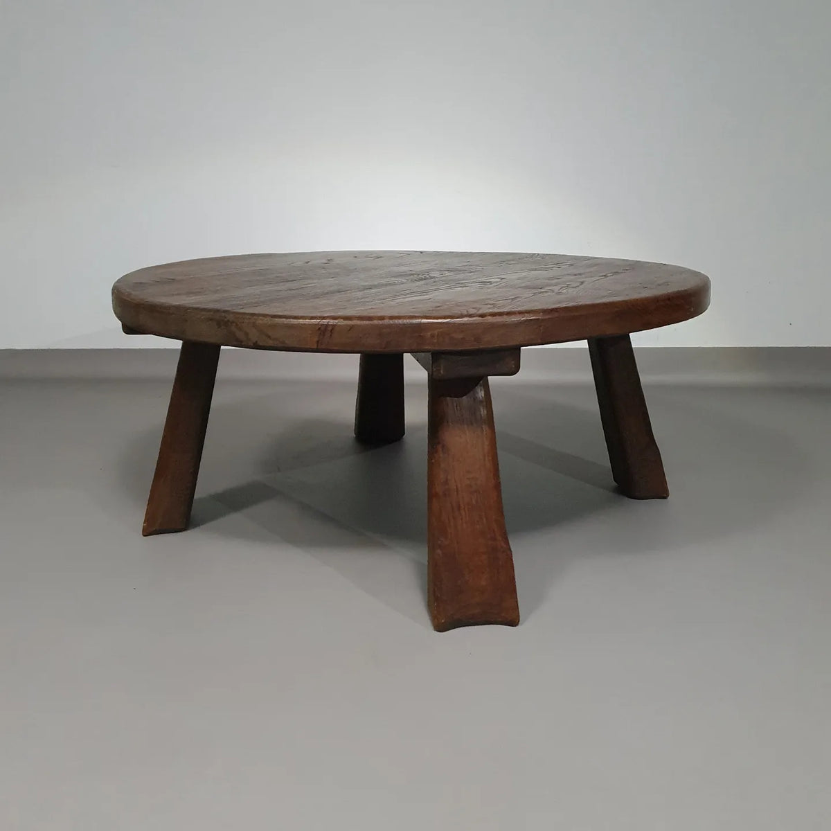 Brutalist solid oak round coffee table 60's