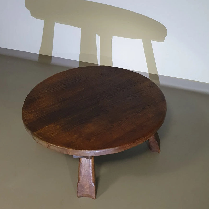 Brutalist solid oak round coffee table 60's