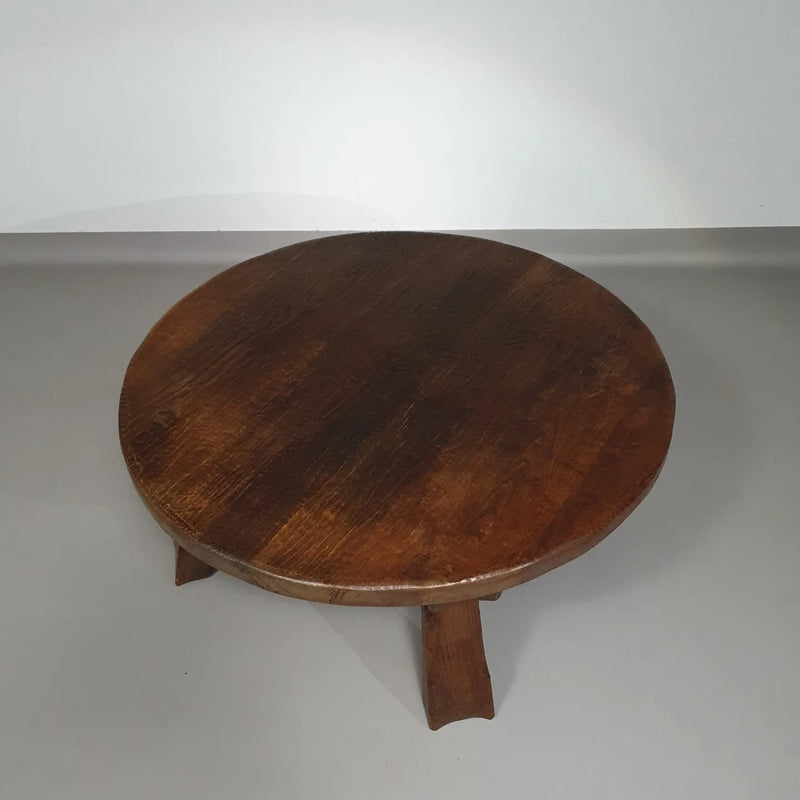 Brutalist solid oak round coffee table 60's