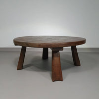 Brutalist solid oak round coffee table 60's