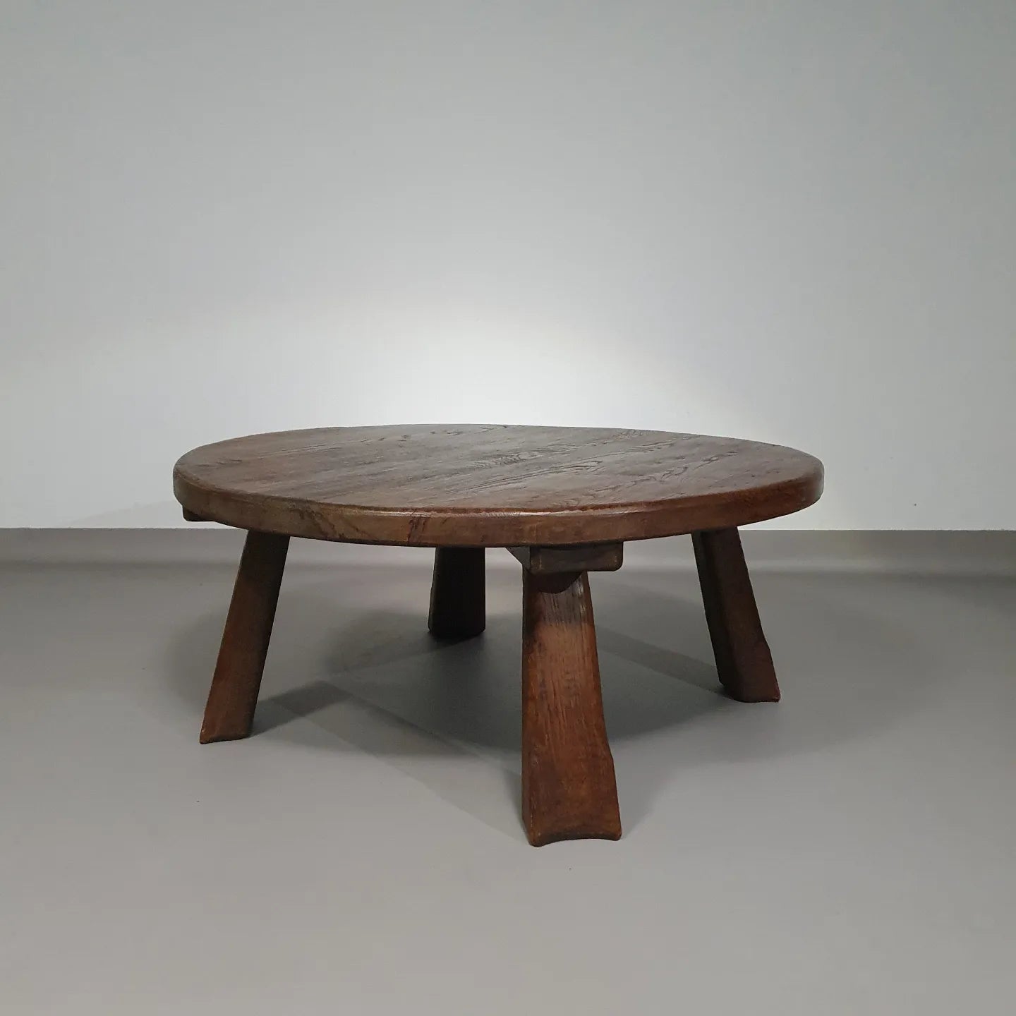 Brutalist solid oak round coffee table 60's