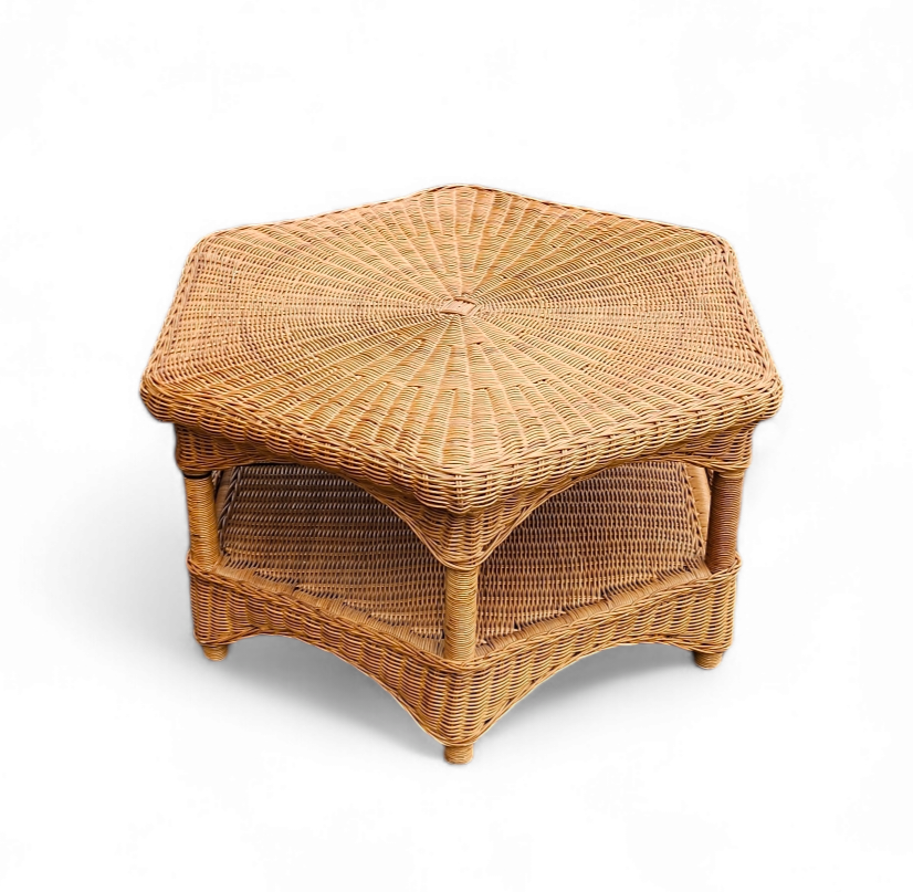 1980s Hexagonal Hand Woven Wicker Auxiliary Table