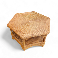 1980s Hexagonal Hand Woven Wicker Auxiliary Table