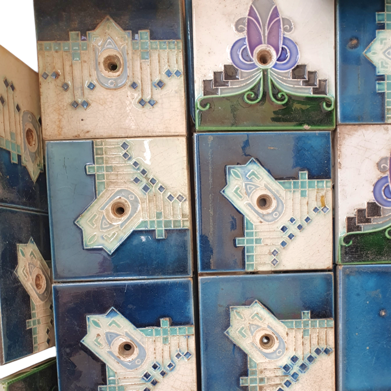 53 x Art Nouveau tiles / oven tiles with attach holes 1920s