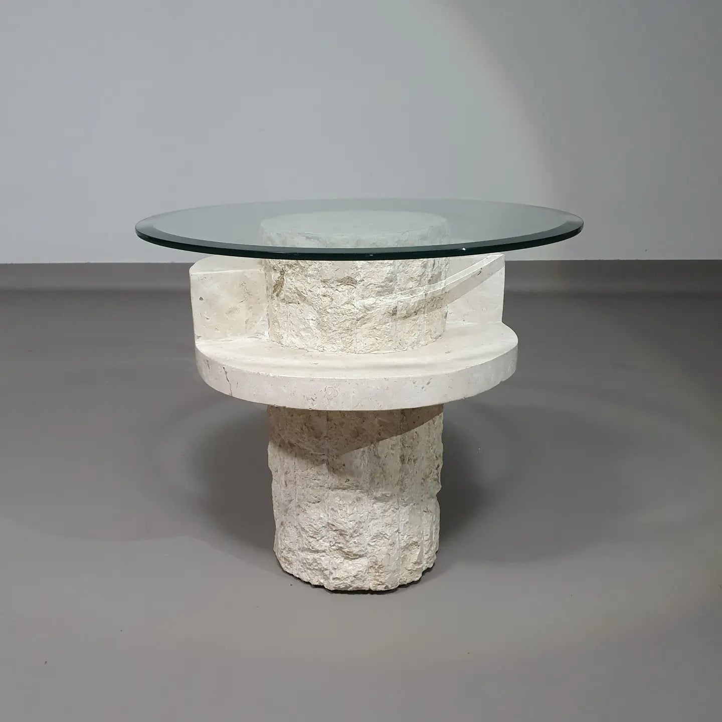 Vintage Mactan stone side tables with the original, faceted glass tops by Magnussen Ponte, 1980