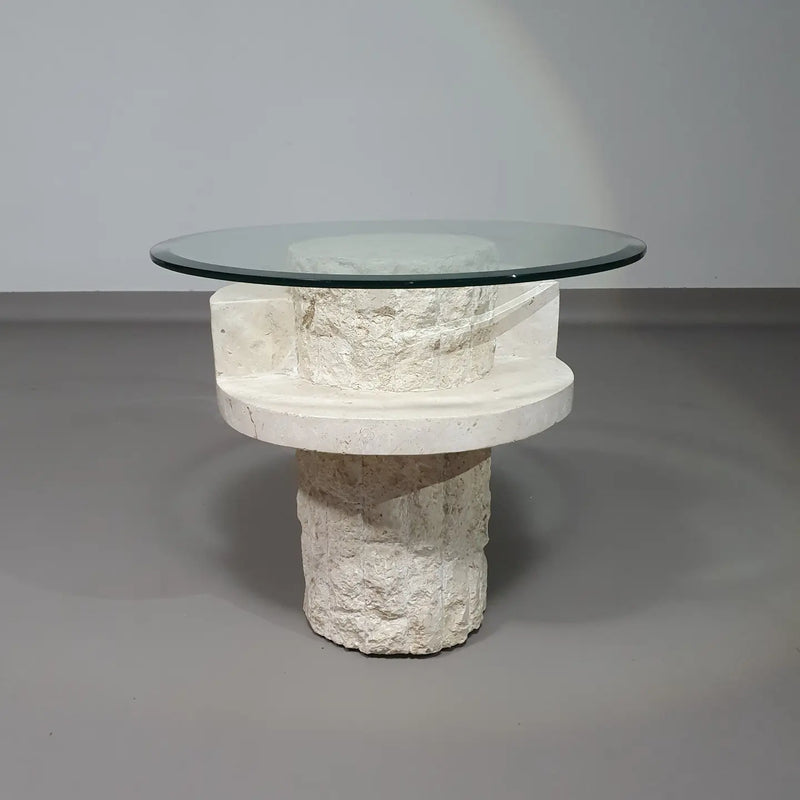 Vintage Mactan stone side tables with the original, faceted glass tops by Magnussen Ponte, 1980