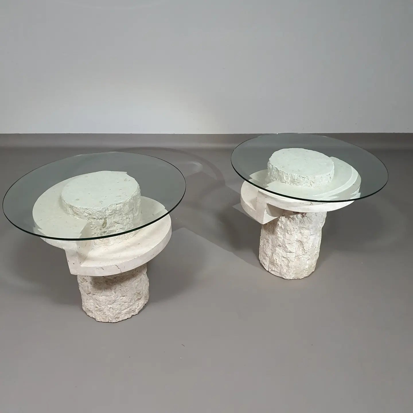 Vintage Mactan stone side tables with the original, faceted glass tops by Magnussen Ponte, 1980