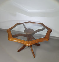 Octagonal oak dining table with inlaid glass top