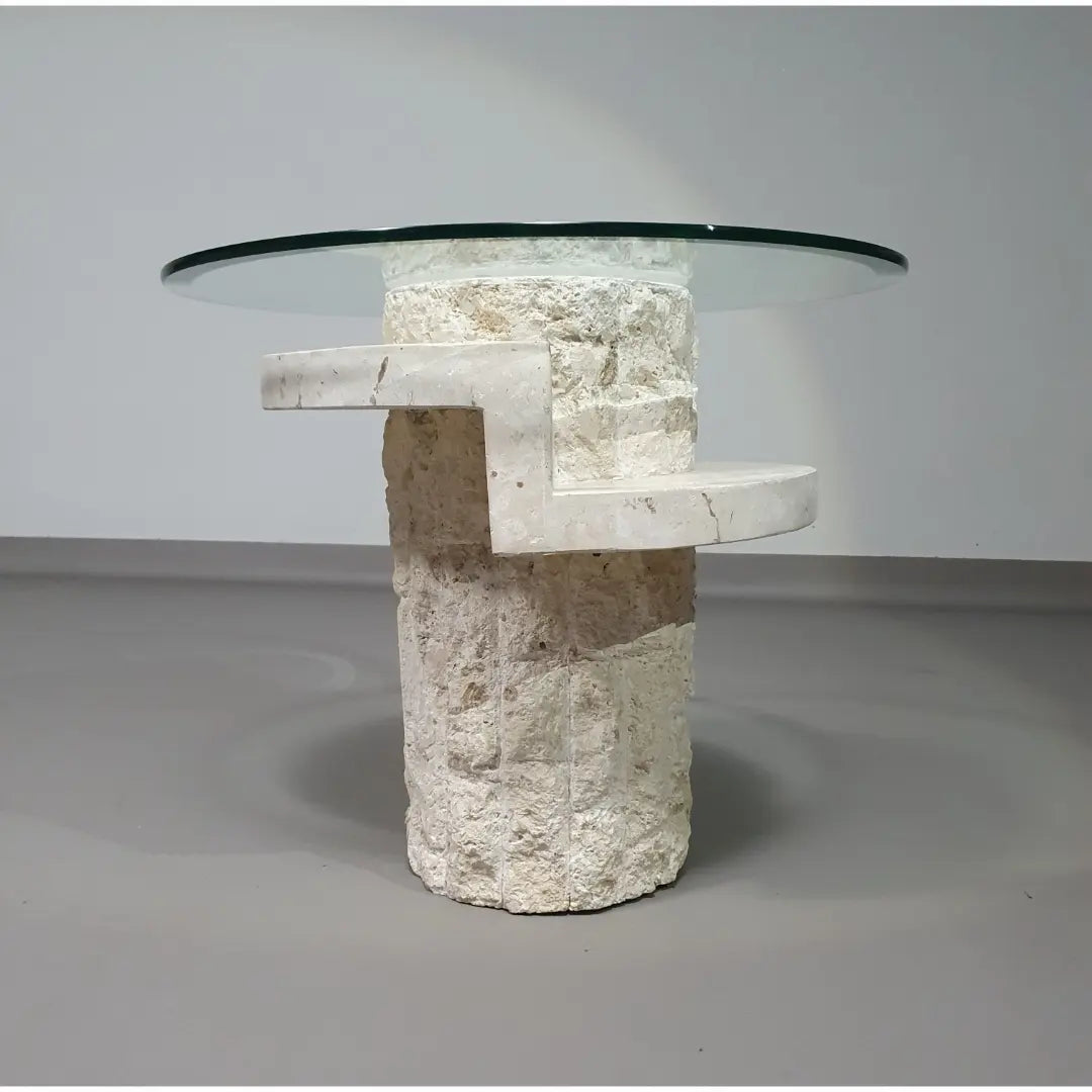 Vintage Mactan stone side tables with the original, faceted glass tops by Magnussen Ponte, 1980