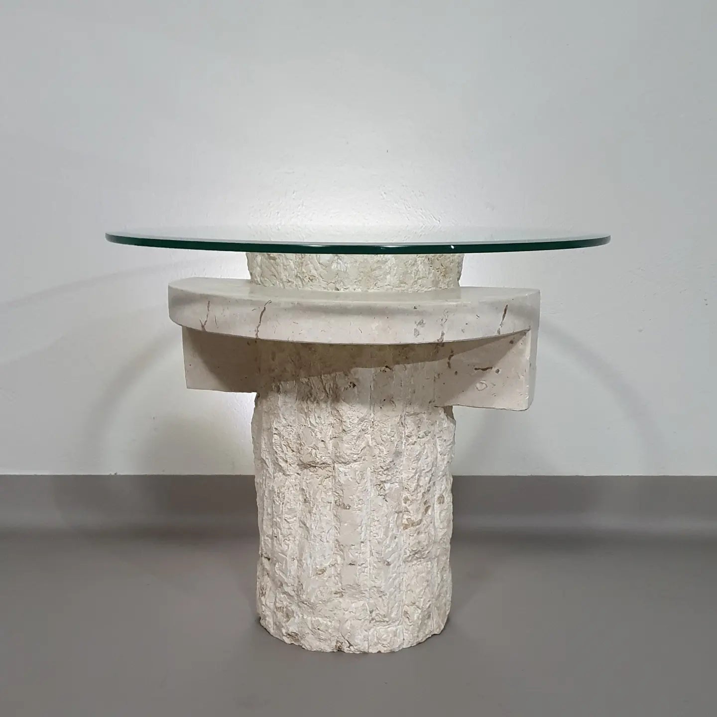 Vintage Mactan stone side tables with the original, faceted glass tops by Magnussen Ponte, 1980