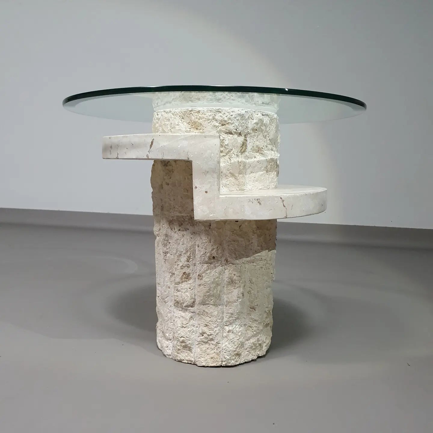 Vintage Mactan stone side tables with the original, faceted glass tops by Magnussen Ponte, 1980