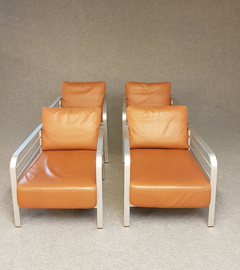 Set 4 cognac leather and aluminium lounge chairs Praga – Opera Work in Progress for Ycami Italy