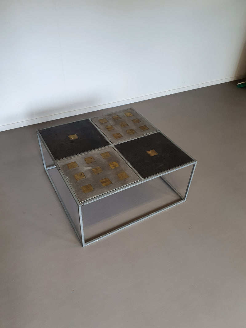 One of a kind brutalist coffee table 1980s with aluminium / copper / steel tops