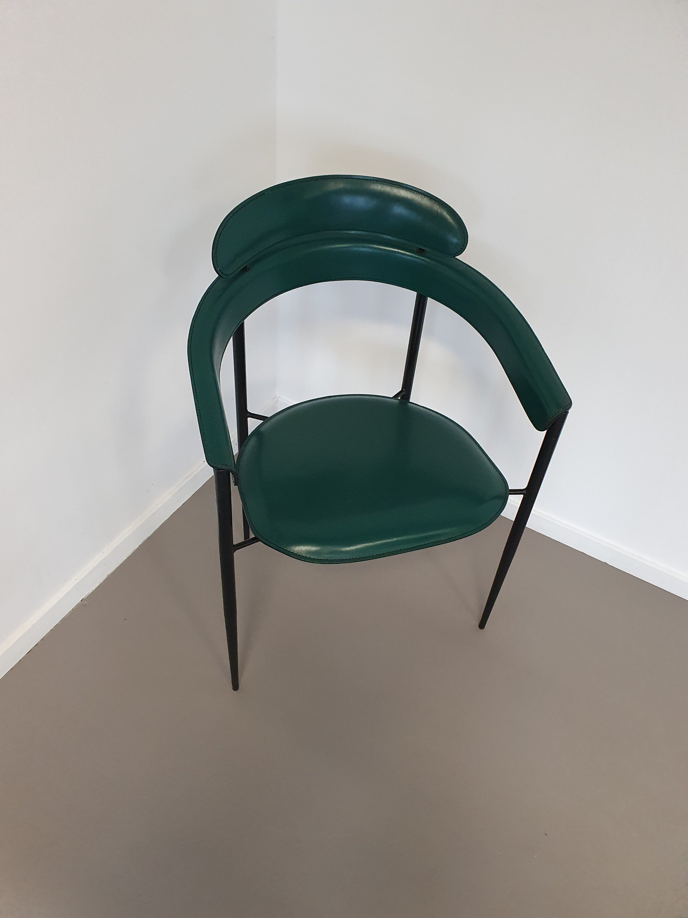 Set of Six Rare Green Leather Stiletto Chairs by Arrben with  black Frame